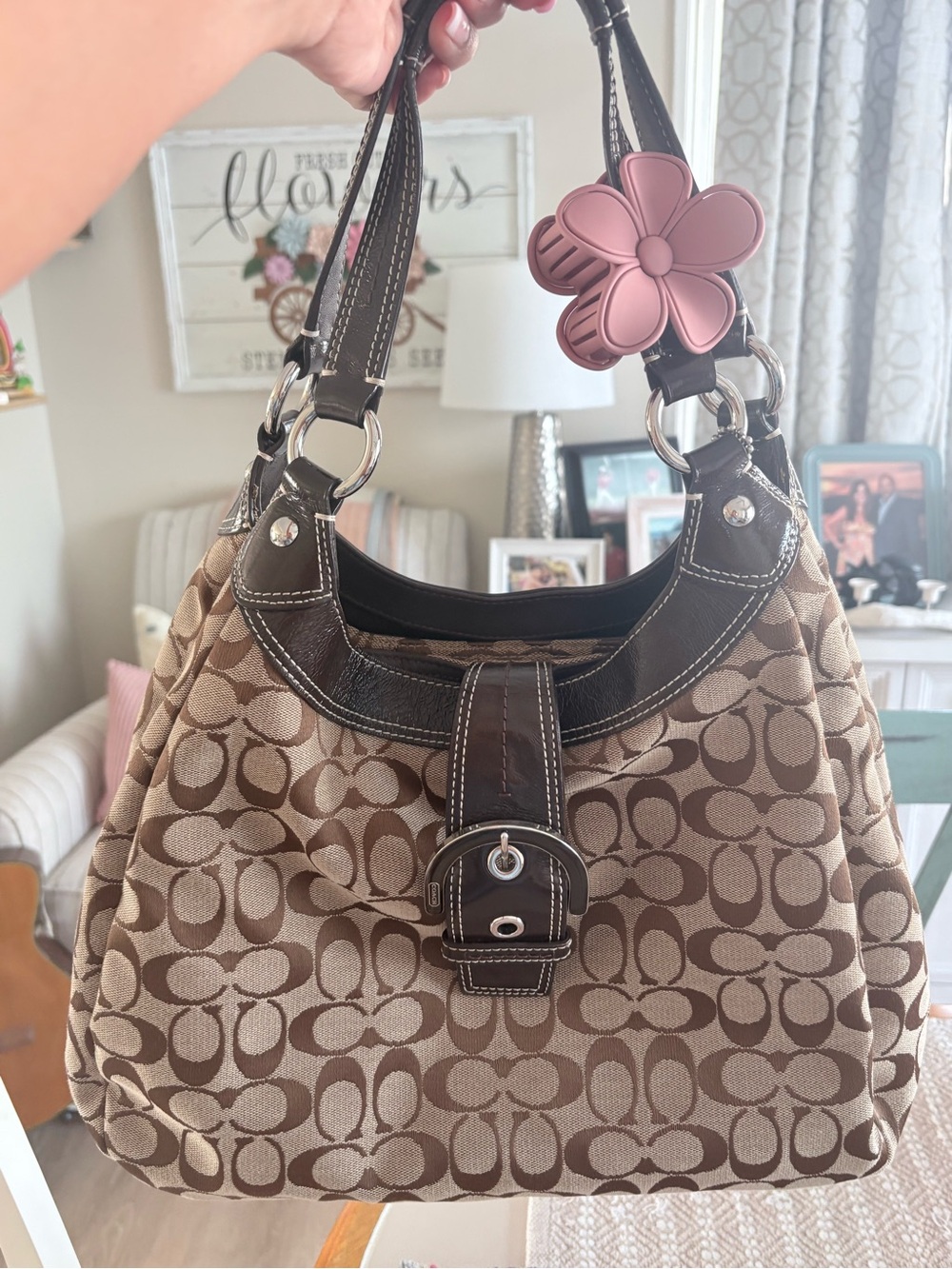 Coach Beige and Brown Signature Hobo Shoulder Bag